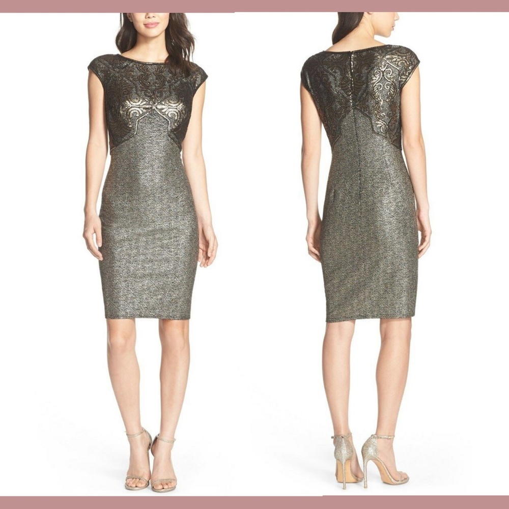 NWT Tadashi Shoji [ XL ] Sequin Foiled‎ Jersey Sheath Dress in Black/Gold